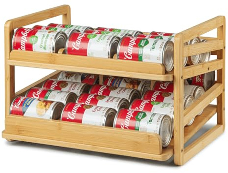 Aclema Bamboo Rolling Can Organizer for Pantry, Stackable 2 Tier Canned Food Organizer Rack for Storage, Kitchen Cabinet, Can Holders Dispensers for Pantry Up To 27 Cans