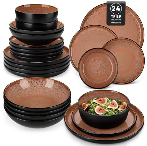 Stengodset Vancasso AMBER tallrikssats, 6 personer, middagsservis 24 delar, mattallrik, desserttallrik, sopptallrik, skål, eldröd, diskmaskinssäker