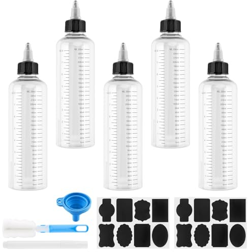 Zosenyer Quetschflasche, 5 Stück Dosierflasche 230ml Squeeze Flasche Messflaschen Ausquetschflaschen mit Skala, Schwarzschraubdeckel, Trichter & Bürste Transparente
