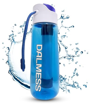 DALMESS - Gourde Filtrante Eau Non Potable 750ml avec Paille Filtrante de survie au Charbon Actif Purificateur d'eau Camping Randonée Voyage Trek Filtre 99.99% des bactéries elimine chlore et odeurs