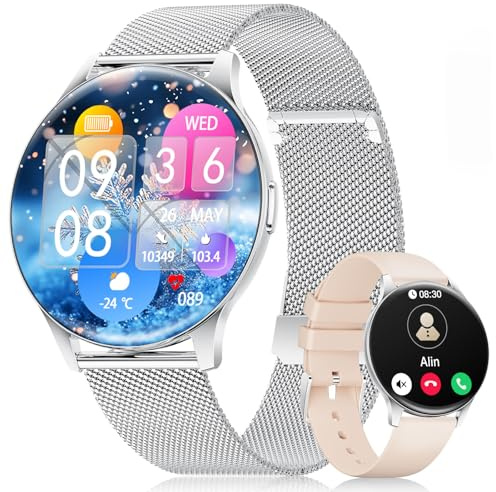 LIGE Smartwatch Damen(2 Armbändern),1.43 HD AMOLED Display Smartwatch mit Telefonfunktion,Fitnessuhr,Sportuhr mit 120+ Sportmodi,Schlaftracking,Menstruationszyklus,Uhr für iOS/Android,Silber