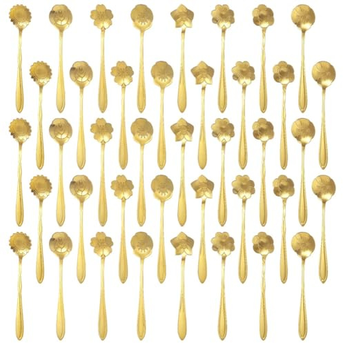 Juego de 40 cucharillas doradas con patrones de flores, cucharas agitadoras de acero inoxidable para té, café y postres