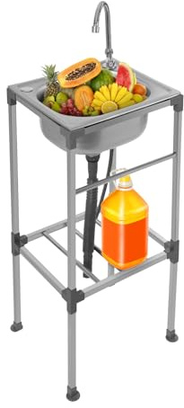 Fregadero de cocina de acero inoxidable, fregadero de pie para exteriores, lavabo móvil con grifo y dispositivo de drenaje, adecuado para conectar agua caliente y fría en garajes (pequeño)