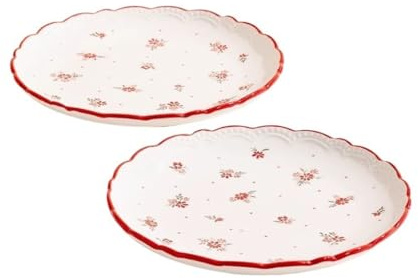 Nff Juego De 2 Platos Llanos De Cerámica De 20 Cm Con Estampado Rojo For Servir Pasta, Carne Y Postres. Apto For Lavavajillas.