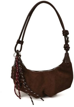 Adius Borsa a tracolla in pelle scamosciata a mezzaluna, borsa donna pelle scamosciata, tracolla regolabile (Dark Brown)