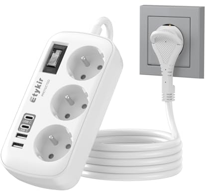 Multiprise Plate avec Interrupteur, 3 Prises avec 4 USB