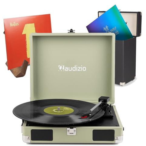 Audizio Briefcase Record Player Set with Built-in Speakers, Portable Vinyl Turntable, RC32 Storage Case & Retro Wooden Vinyl Display Stand – Home Audio Solution for Vinyl Lovers, 3-Speed