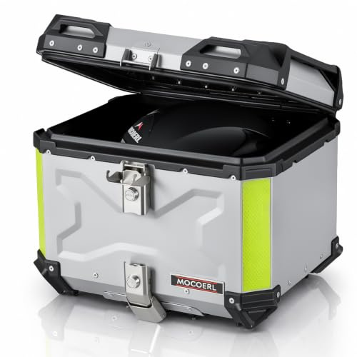 MOCOERL Motorrad Topcase, 45L Aluminiumlegierung Topcase für Roller, Wasserdicht, Motorradkoffer mit Rückenlehne und InstallierenTrägerplatte (Silber) 702S