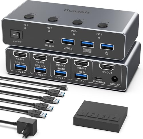 SUIDEK 8K@60Hz HDMI KVM Switch 4 Computers 1 Monitor - 4 Ports USB 3.0 (3A+1C) Aluminum KVM Switches, Share Keyboard Mouse Printer - Includes 4 USB Cables, Desktop Controller & 12V Power Adapter