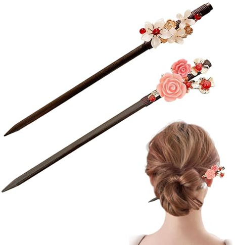 CutitiUU 2 Pieces Chinese Hair Sticks,Red Wooden Chinese New Year Hairpins,Wood Hair Sticks With Tassel,Asian Retro Flower Tassel Updo Hairpin Chopsticks,Wooden Floral Hairpin (A)