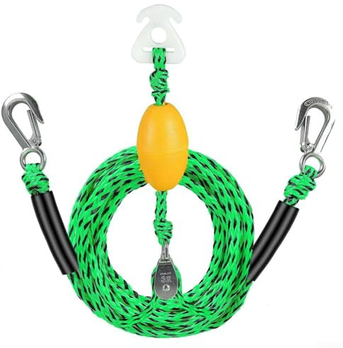 Arnés de remolque para barco, cuerda de esquí acuático resistente de 17 pies con núcleo giratorio de 360°, resistencia a la rotura de 4500 libras, conector flotante para 1-3 conductores (verde negro)