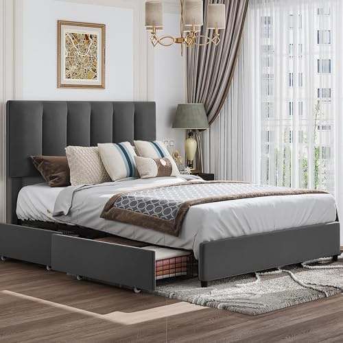 VECELO 4ft6 Double Bed Frame with 4 Storage Drawers, 135×190 cm Upholstered Platform with Adjustable Velvet Headboard, Wood Slat Support, No Box Spring Needed