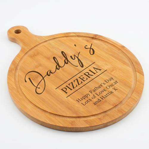 Personalised Round Bamboo Pizza Board with Handle, 'Daddy's Pizzeria', Laser Engraved, Father's Day