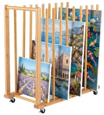 HOMASIS Leinwand-Aufbewahrungsregal, Trockengestell aus Bambus, Kunst Trockenständer mit Griff, 4 Rollen & Bremse, Trockengestell für Gemälde & Kunstwerke, 75 x 40 x 81 cm, Natur
