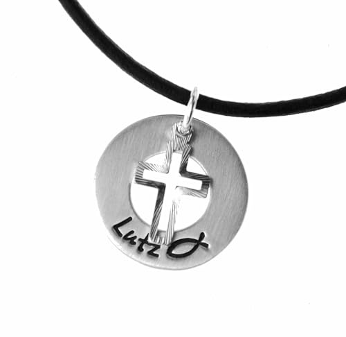 Timbalino Personalisierte Taufkette 925 Silber mit Kreuz & Wunschname – Handgefertigte Lederkette für Jungen & Mädchen – Individuelles Geschenk zur Kommunion, Konfirmation & Geburt