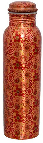 Zap Impex Kupfer-Wasserflasche für Ayurveda-Vorteile Kleines Blumendruck-Design Travellers Water Bottle Joint Free 900ml