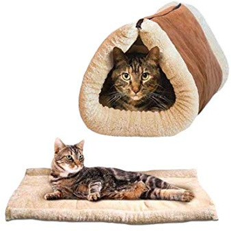 KAV 2 In 1 Pet Tunnel Bed Mat Cat Cushion Luxury Puppy Pad Fleece Self Heating Sofa Thermal Core Furniture&Carpets Fur-free Warm House for Cat/Puppy, Plush Pet Accessories