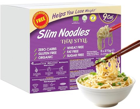 Eat Water Slim Noodles Thai Style 270g (Pack of 5) – Organic Konjac Noodles, Low Calorie, Zero Sugar, Gluten-Free, Low Carb, Wheat-Free, Vegan, Instant Meal, Plant-Based Noodle Alternative