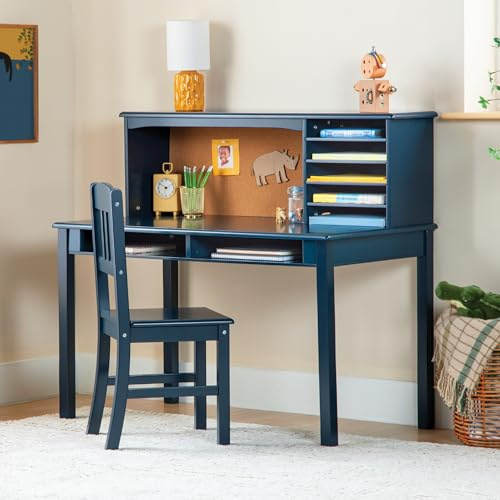 Guidecraft Kids Media Desk and Chair Set - Navy: Student's Workstation with Storage, Wooden Writing Table with Hutch and Shelves for Kids Bedroom, Boys Study Desk Set