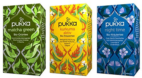Pukka - Bio-Kräutertee Kräutertag - Tee Mix - 60 Teebeutel (20 x Supreme Matcha Green, 20 x Kurkuma, Ingwer & Orange, 20 x Night Time)
