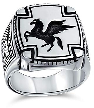 Bling Jewelry Personalisieren Sie großen zweifarbigen antiken griechischen mythischen fliegenden Pferdekreatur Pegasus Siegelring für Männer Teenager oxidiertes .925 Sterlingsilber anpassbar