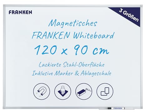 FRANKEN Magnetisches Whiteboard 120 x 90 cm, Magnettafel mit lackierter Stahl-Oberfläche, Schreibtafel inkl. FRANKEN Marker & Ablageschale, Für Büro, Home Office & Schule, Aluminiumrahmen, X-tra!Line