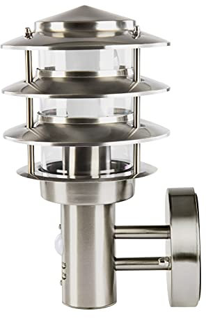 Grafner Design Edelstahl Wandlampe mit Bewegungsmelder und 1x E27 Fassung, IP44 Wand Außenleuchte, 360° rundum Lichtschein, für außen und innen, KEIN ROST - mit Klarlack beschichtet, Wandleuchte