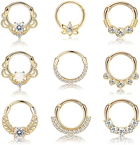 CASSIECA 9PCS 16G Septum Anneaux Opal Daith Boucles D'oreilles Hoop Nez Anneaux En Acier Inoxydable 316L CZ Cartilage Helix Tragus Boucles D'oreilles Septum Clicker Piercing Bijoux