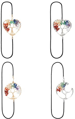 WEBEEDY 4 Stücke Baum des Lebens Elastische Lesezeichen 7 Chakra Lesezeichen Lebensbaum Bookmark Elastisches Buchzeichen Bookmark Notizbuch Tagebuch Buch Zubehör Geschenk für Damen Herren Kinder