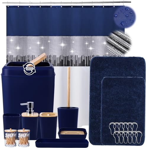 24PCS Bathroom Sets with Shower Curtain and Rugs, Navy Blue Bathroom Accessories Set Navy Blue Shower Curtain Set Bathroom Accessories with Bathroom Trash Can
