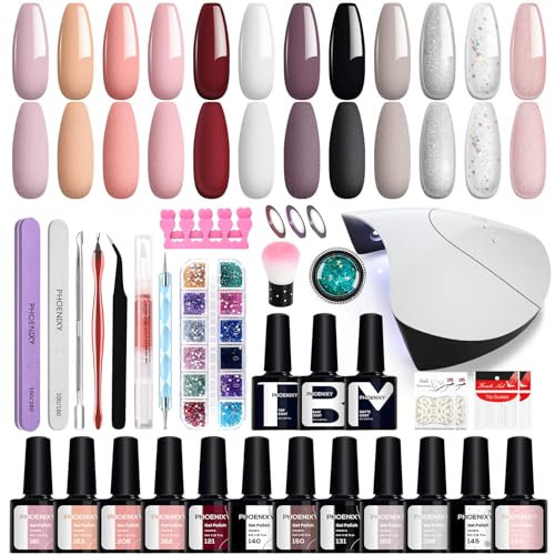 Kit Vernis Semi Permanent Phoenixy 12 Couleurs Vernis Semi Permanent et 36W lampe UV Base et Matt Top Coat Kit Ongle Gel UV Complet pour Débutants