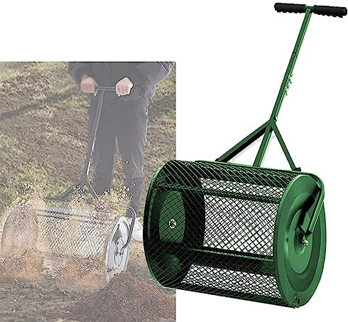 DOZPAL Épandeur à Compost portatif avec Rouleau en Fer Durable de 30/40 cm de Large, épandeur de Mousse de Tourbe en métal pour pelouse et Jardin - Poignée réglable en Forme de T,30cm