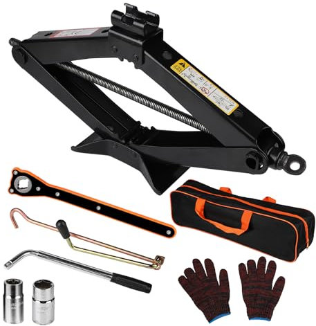 EXLECO 2,5T Scherenwagenheber Set Wagenheber Rangierwagenheber Heber Autoheber 360°Aktivitätskopf mit 2 in 1 Ratschenschlüssel Radmutternschlüssel Tasche Handkurbel Handschuhe für Auto PKW SUV MPV