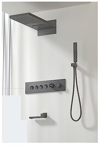 2024 New Luxury Black Brass Shower System,Wall-Mounted LED Digital Display Design,Cold & Hot Dual-Control 4-Function Ceiling Shower Tap LED Shower Panel(Color:4R Brushed Grey-01)