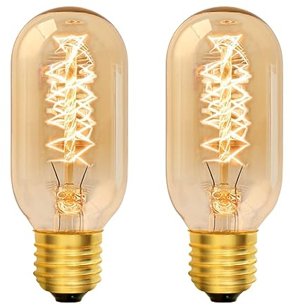 Caldarax E27 Vintage Edison Light Bulb Dimmable, T45 Vintage Decorative Light Bulbs, Warm White 2700K, Amber Glass, AC 230V, E27 Edison Screw Spiral Retro Bulbs, Filament Tube Bulb, 2 Pack