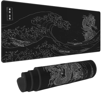 UYEUGV Japanese Anime Dragon Sea Wave Mouse Pad Large Gaming XL Black and White Desk Mat Extend Long Mousepad for Computer Laptop Office Non-Slip Rubber Stitched Edges 31.5 x 11.8 Inch
