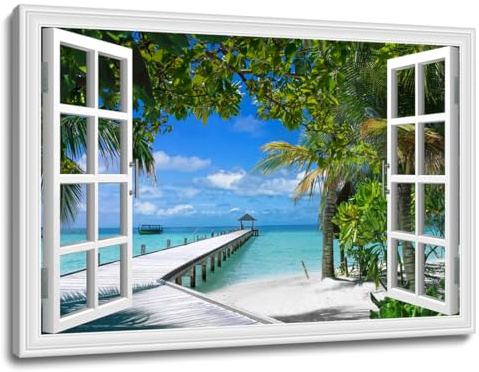 Window Beach Picture Wall Art Blue Ocean Scene Canvas Photo for Living Room Decor 36x24