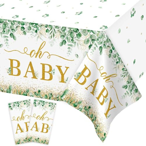 Heboland Babyparty Deko Neutral Tischdecke Salbeigrün, 2 Stück 137 x 274cm Oh Baby Tischdecke für Babyparty Deko Junge Mädchen Baby Shower