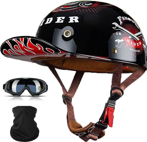 YIYHFKM Halbschalenhelm Mit ECE-Zulassung Vintage Motorradhelm Baseball Cap Cruiser Chopper Scooter Helm Herren Retro Motorrad Halbhelm Damen Mofa Helm(53-64Cm)