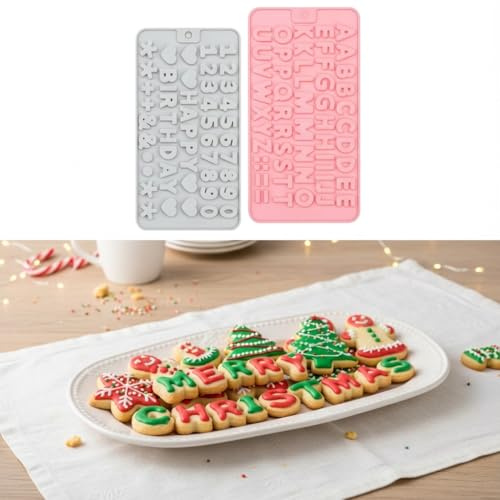 2 Pcs Silicone Letters Number Cake Molds Non-Stick Chocolate Moulds with Happy Birthday Alphabets Symbols DIY Edible Letters Gummy Mould for Baking Dessert Candy Biscuit Christmas Cakes Decoration