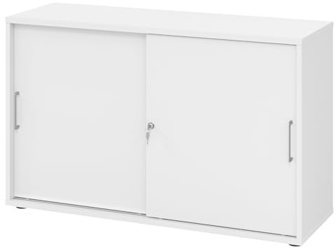 bümö Schiebetürenschrank 2OH - Aktenschrank abschließbar, Sideboard Schrank mit Schiebetüren in Weiss, Bügelgriff - Büroschrank aus Holz mit Schiebetür, Büro Kommode für Ordner & Co.