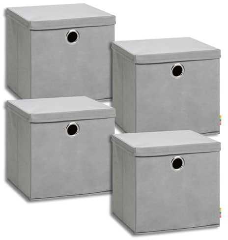 Storanda | 4er Set Aufbewahrungsbox 34x34x33 cm mit Deckel | Extra Große Griffe | Stabil & Faltbar | Regalbox für Würfelregal | Ideal für Zuhause & Kinderzimmer | Grau