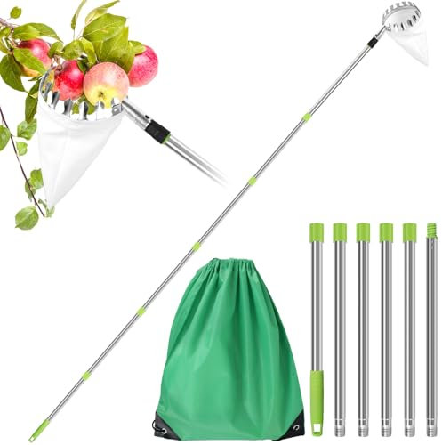 Raccogli Frutta con Telescopico 2,4/3,2M, Raccoglitore di Frutta Rimovibile in Inox Raccoglitore di Frutta Leggera, Palo di Raccolta di Frutta da Giardino per la Raccolta di Pera Limone Arancione (2,4