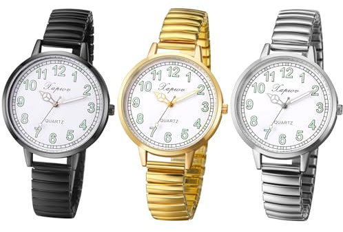 JewelryWe Reloj de pulsera elástico para personas mayores, analógico, de cuarzo, pulsera elástica, reloj informal con correa de acero inoxidable y esfera grande fácil de leer, Estrecho - 3 piezas,