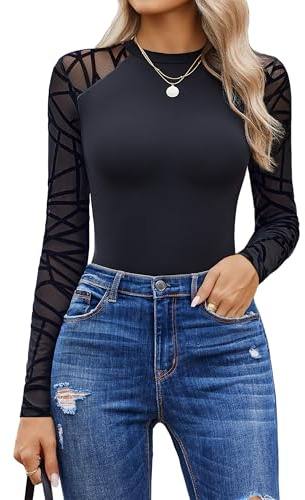Avidlove Mesh Long Sleeve Bodysuit for Women Crew Neck Body Suits Sexy Sheer Tops Going Out Bodysuit Tops