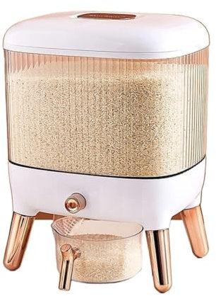 VONCYKI Rice Bucket With Lid Presstype Automatic Output Insectproof And Moistureproof, Transparent Grain Storage Bin Dry Food Container Grains Dispenser, Gold Plated/10kg