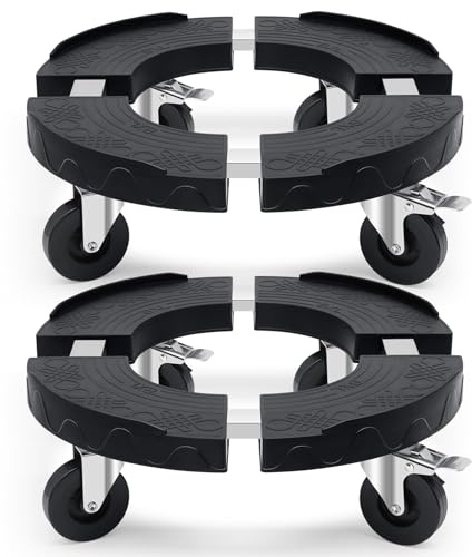 Humagineer Pflanzenroller rund schwarz verstellbar 38CM-48CM, Schwerlast-Rollbrett Pflanzen mit 4 PE-Rollen und Edelstahlrohr Tragkraft 220KG, Rollbrett rund für Blumentopf und Sonnenschirme, 2 Pack