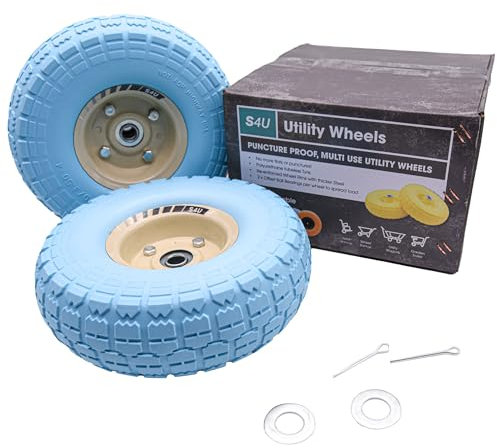 S4U 2x10” Sack Barrow Hand Truck Trolley Cart Wheelbarrow Solid Wheel 3.5-4 PU Heavy Duty Puncture Proof 16mm Bearing Wheel Nylon locking nuts (Baby Blue)