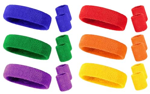 Kellegour 18 Stück Schweissband Set,80er 90er Jahre Schweißband,Jahre Stirnband Outfit,Farben Sport Schweißbander für Handball Fußball Tennis,Damen Herren,6 Farben