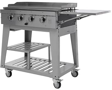 METRO Professional Piastra a Gas con 4 Bruciatori da 3.7 kW, Acciaio/Accio Inox, Tavolino Laterale, 2 Ripiani Inferiori, Ruote, Copertura Inclusa, Acciaio Inox